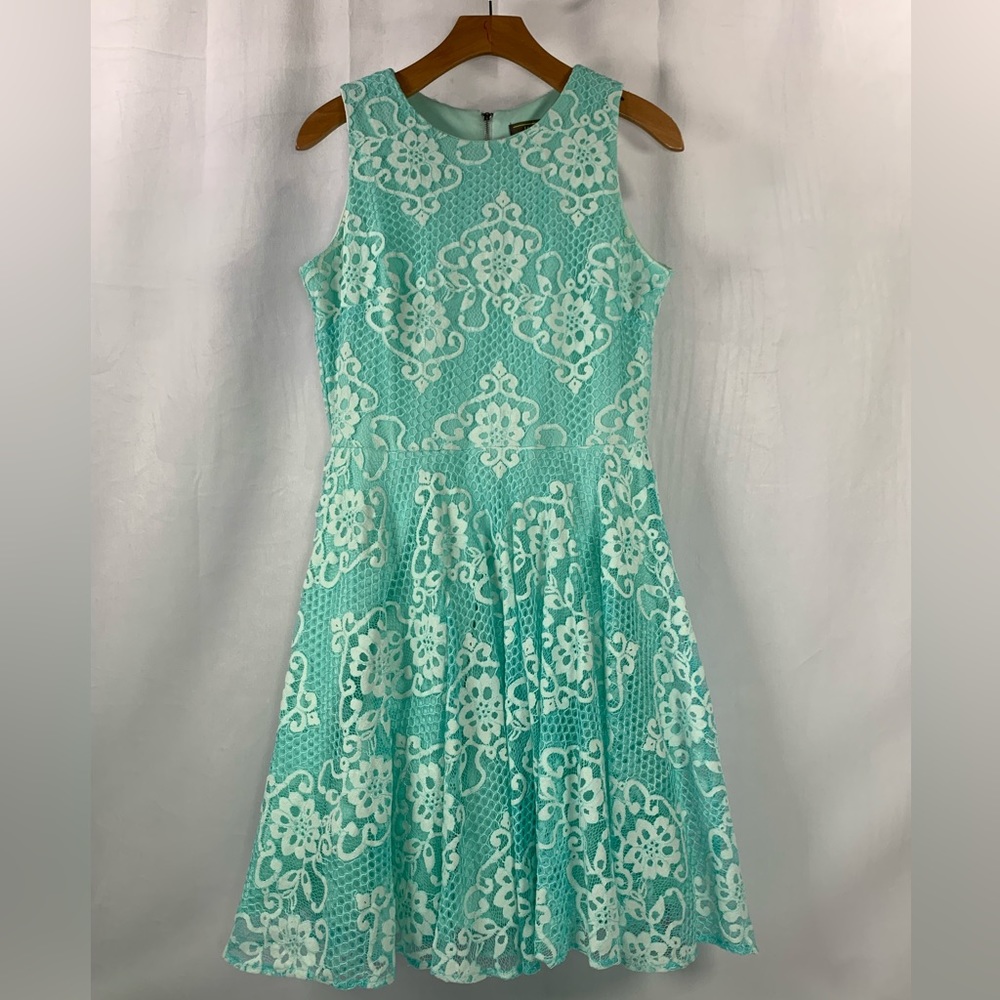 Lace Lined Turquoise White Sleeveless‎ Party Dress Melonie T Women’s Size 8